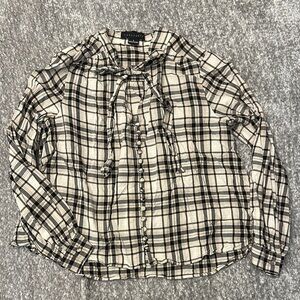 EUC Sanctuary black & tan Plaid Button-Up Blouse with V-neck and Bow Tie top sm